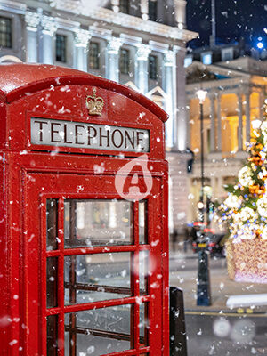 London telephone box with a Christmas tree