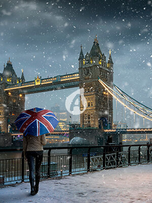 Tower Bridge during evening time with snowfall, London