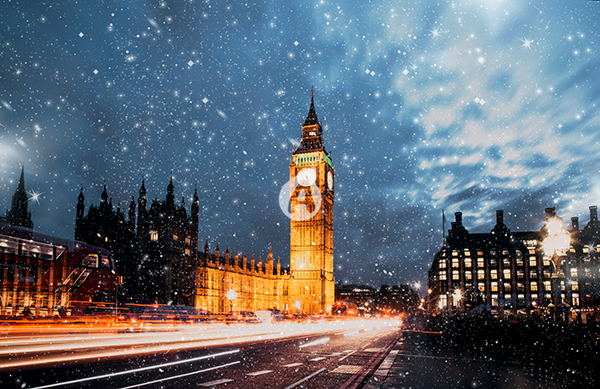 Snowfall over Big Ben winter in London