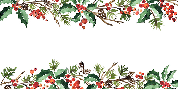 Christmas watercolor horizontal arranging with holly berries,