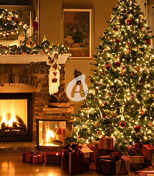 クリスマスの室内、暖炉とプレゼント、デコレーション、ツリー
